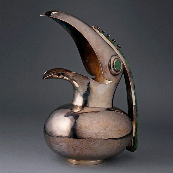 Los Castillos Malacite Silverplate Toucan Pitcher: Los Castillos, Taxco Plateado Toucan Pitcher Fitted with a Malachite Veneered Handle {Height 12 1/4 inches}