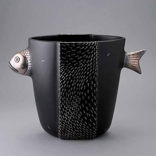 Los Castillos Silver Appliqué Fish Ice Bucket: Los Castillos Silver Appliqué Black Ground Earthenware Ice Bucket Fitted with Fish Head and Tail Handles, Decorated with a Swimming School of Fish, Signed "Emilia Castillo" "Plata Pura" "Mexico" {Hei