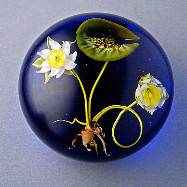 Paul Stankard Waterlilies Paperweight: Paul Stankard Waterlilies Paperweight on a Cobalt Blue Ground, "S" signature cane incised "232/75 A222 1985". {Height 2 inches; diameter 3 inches}