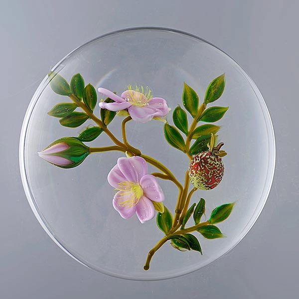 Paul Stankard Wild Rose Paperweight: Paul Stankard Wild Rose Paperweight, S signature cane incised "18/100 A187". {Height 2 inches; diameter 3 inches}