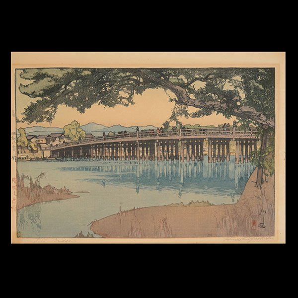 Various Artists: Six Woodcuts: Various Artists: Six Woodcuts, a) Hiroshi Yoshida: Seta Bridge, oban, the left margin dated 1933, Jizuri seal, titled; the bottom margin titled and signed in English;b) Takeji Asano: Temple in Autumn,