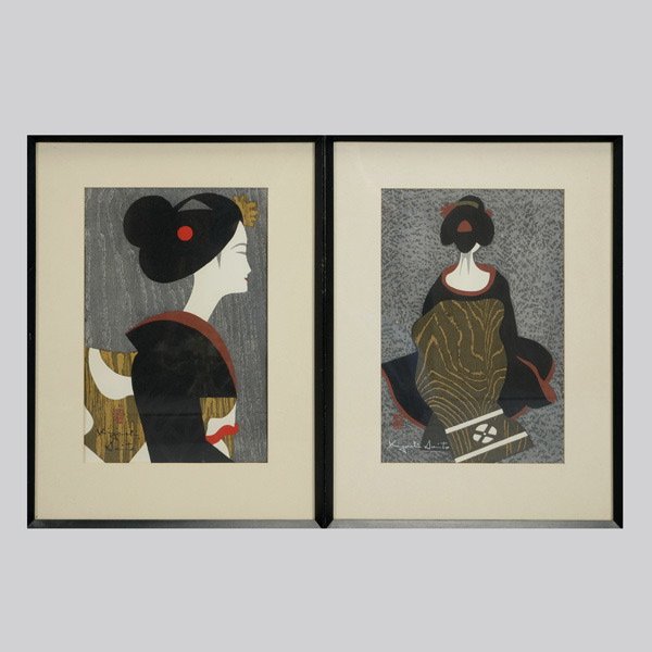 Kiyoshi Saito: Two Woodcuts of Maiko: Kiyoshi Saito: Two Woodcuts of Maiko, both framed and glazed {15 1/4 x 10 inches (38.5 x 25.5 cm)}