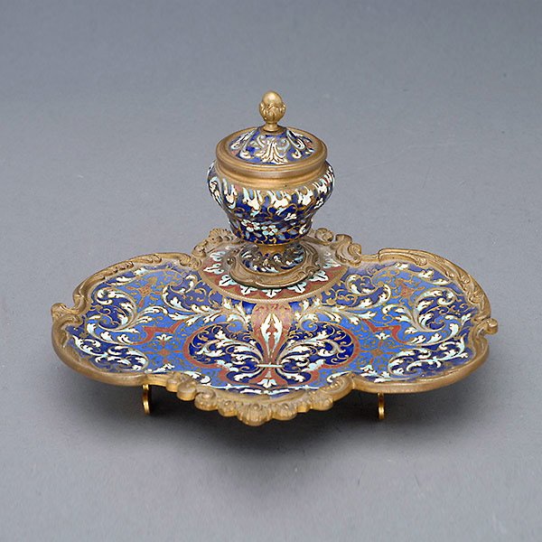 French Champleve Enamel Inkwell: French Champleve Enamel Inkwell {Height 4 inches; length 6 3/4 inches}