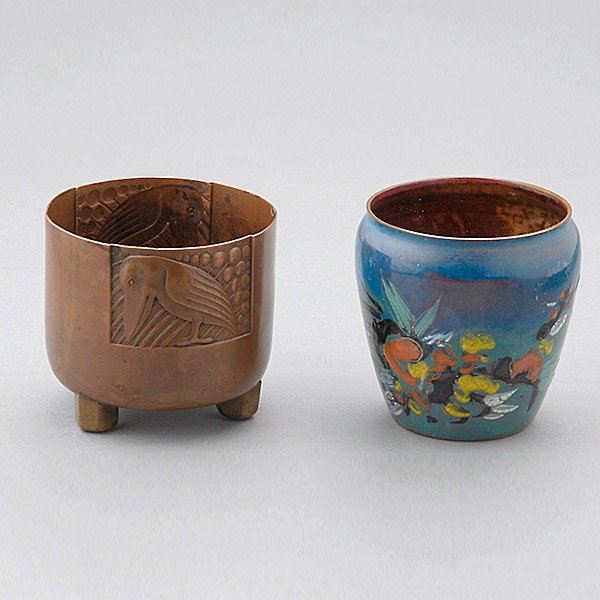 Enameled Copper Vessel and a Copper Tripod