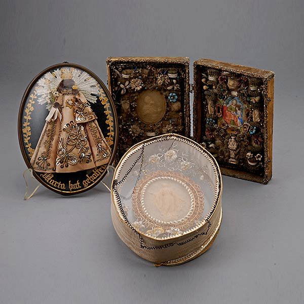 Three German Reliquaries: Three German Reliquaries: one mounted as a folding two panel shadow box, another with a stone plaque of the Madonna, and a shadow box "Maria Bat Gebotfea" {Length of largest 8 inches}