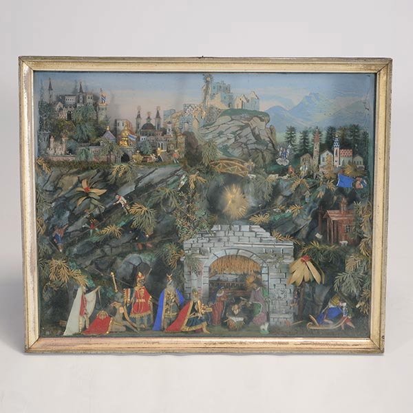 Continental Creche Paper Cut Nativity Diorama: Continental Creche Paper Cut Nativity Diorama Mounted in a Gilt Shadow Box Frame {Dimensions 23 x 28 x 4 1/2 inches}