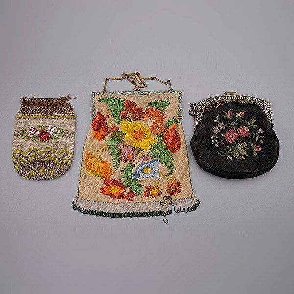 Group of Three Vintage Purses,: Group of Three Vintage Purses, Including an Italian beaded bag with micro mosaic frame; beaded sash; and petit point purse {Length of largest 9 1/2 inches}
