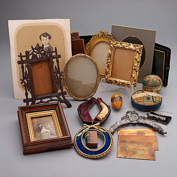 19thC. Sewing Items,7 Mini. Frames & 2 Photos: Lot of 19th Century Sewing Items including a silver knitting sheath; two pincushions; a Worcester, MA novelty egg form sewing box; together with a small cased Meerschaum pipe; a book safe; a vintage f