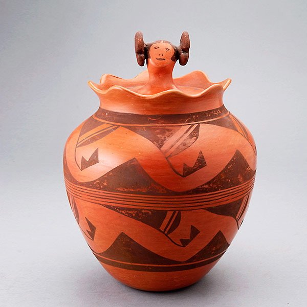 Native American Rena Kavena Pot: Native American Hopi Redware Covered Jar with Figural Maiden Form Handle, Signed Rena Kavena {Height 9 3/4 inches}
