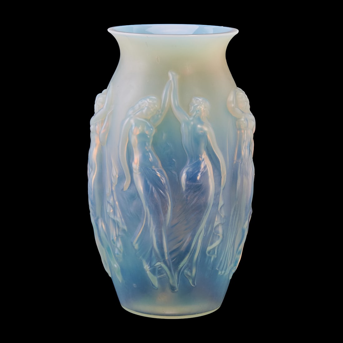 French Sabino Glass Opalescent Vase: French Sabino Glass Opalescent Vase, La Danse, the ovate body molded with four pairs ofwomen dancing to the sides, after the antique. Incised to base underside, in script, "Sabino France," and with