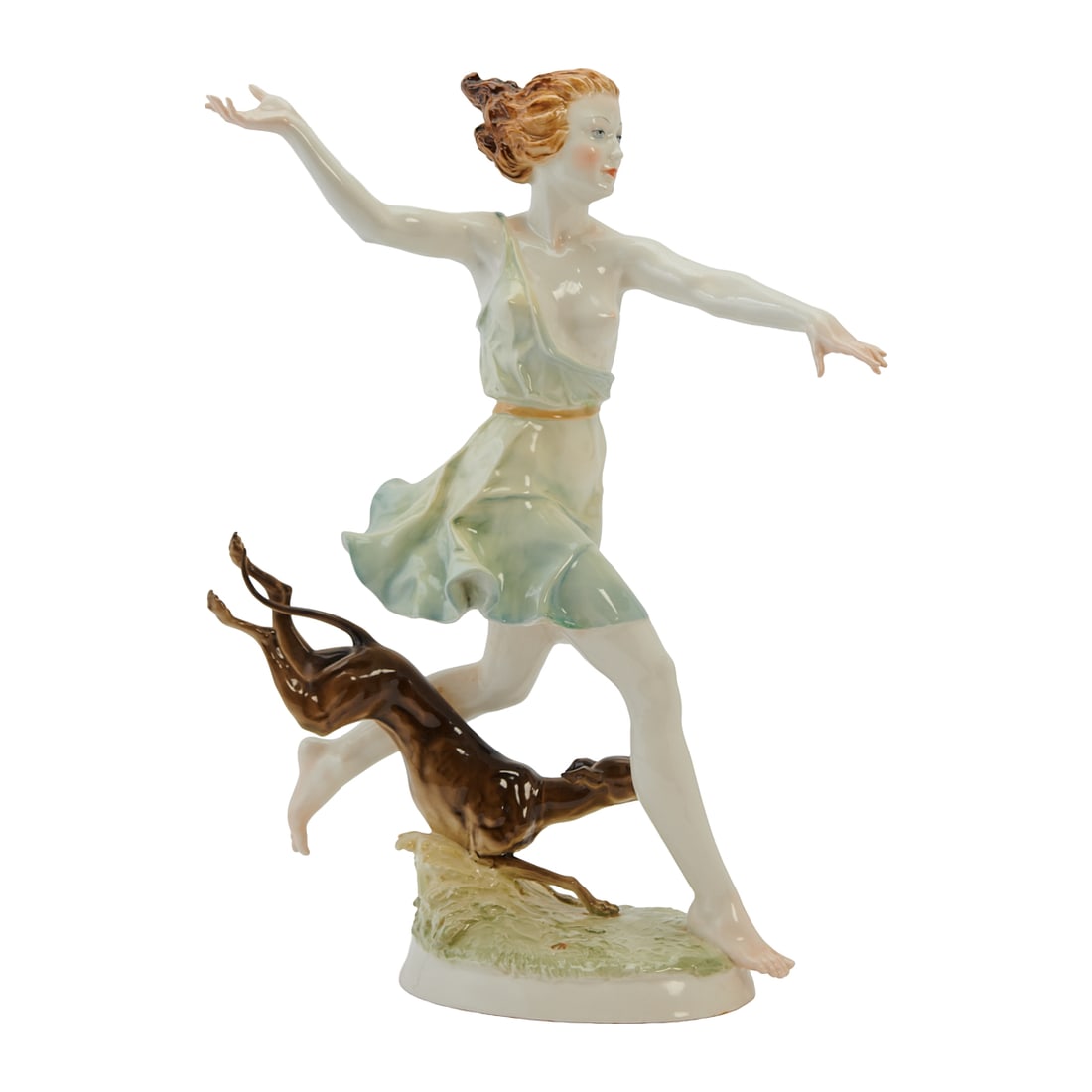 Hutschenreuther Porcelain Figure of a Woman Running with a Dog: Hutschenreuther Porcelain Figure of a Woman Running with a Dog.Base top with "C. WERNEK".{Approximate dimensions: 20 1/4" high x 14 1/2" wide x 6 1/2"deep.}.