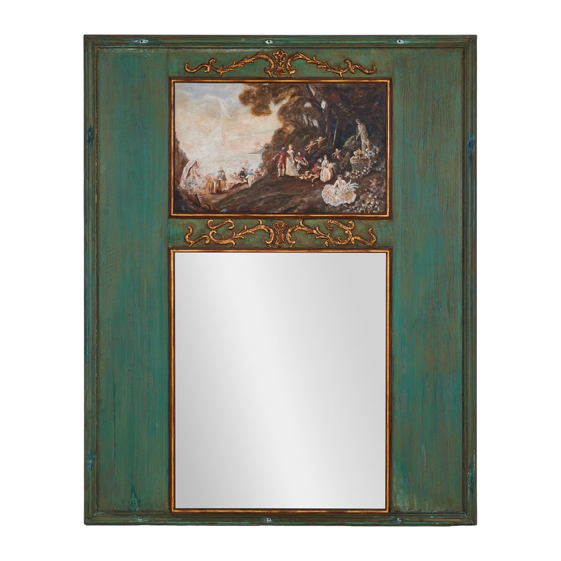 Neoclassical Style Trumeau Mirror: Neoclassical Style Trumeau Mirror. Comprising landscape painting loosely in the style of a fete galante over avertical rectangularmirror, both in gilt frames, set within a larger green painted frame.
