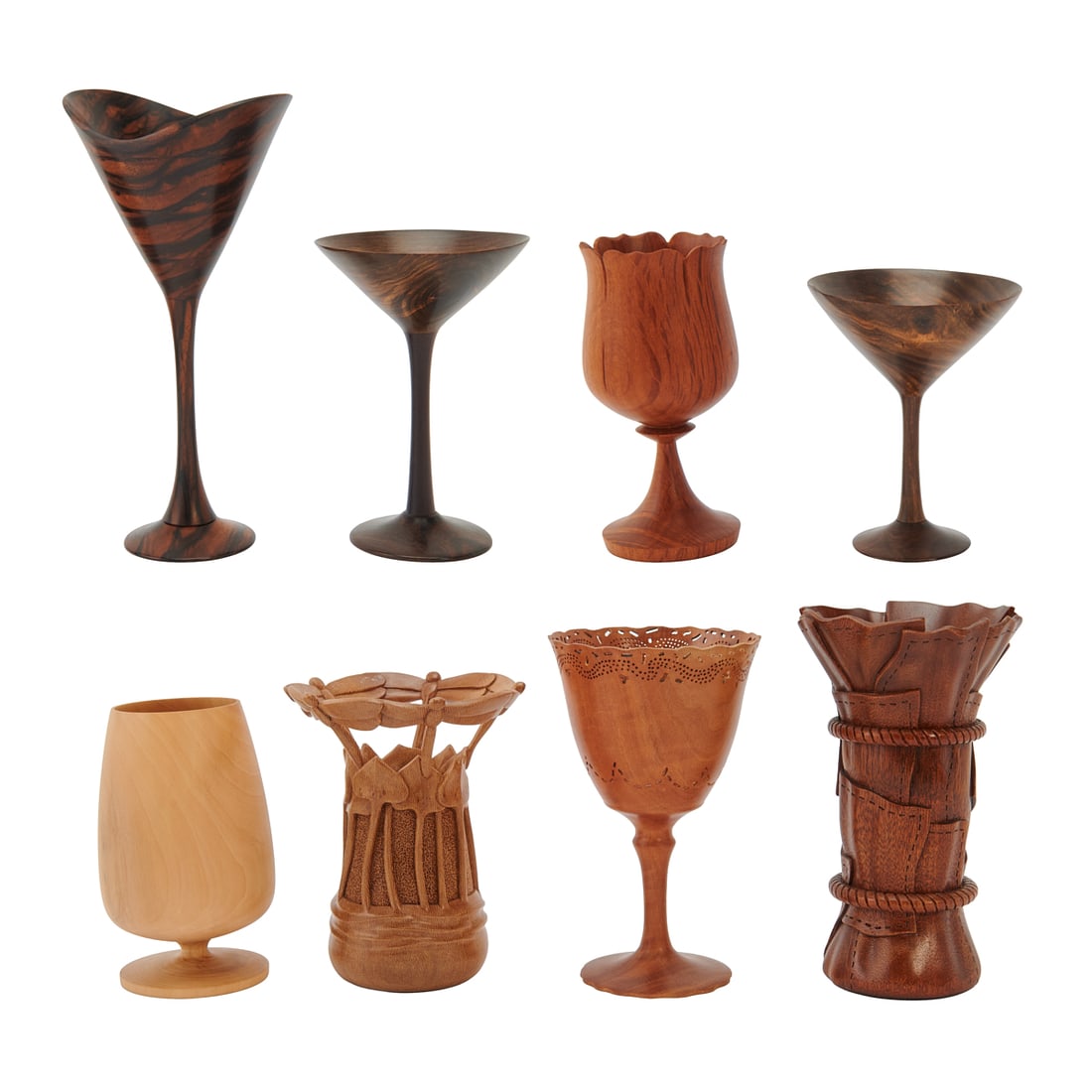 American Craft: Eight Turned Wood Stemware Cups: American Craft: Eight Turned Wood Stemware Cups, comprising two by Brenda Behrens, three by Dennis Stewart, two by Nicolai Ossipov, and one by Melinda Fawver. Of various exotic and familiar woods,