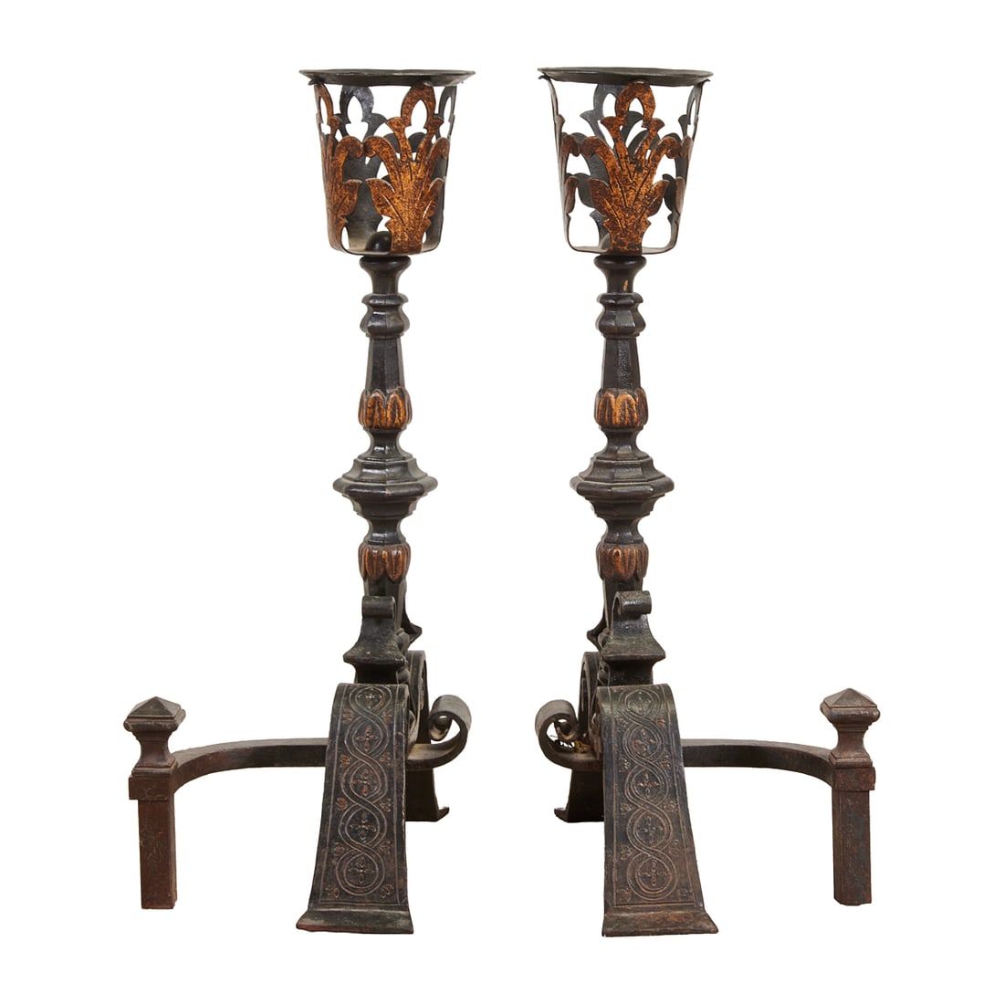 Pair of Oscar Bach Style Parcel Gilt Bronze and Cast Iron Andirons (1 of 3)