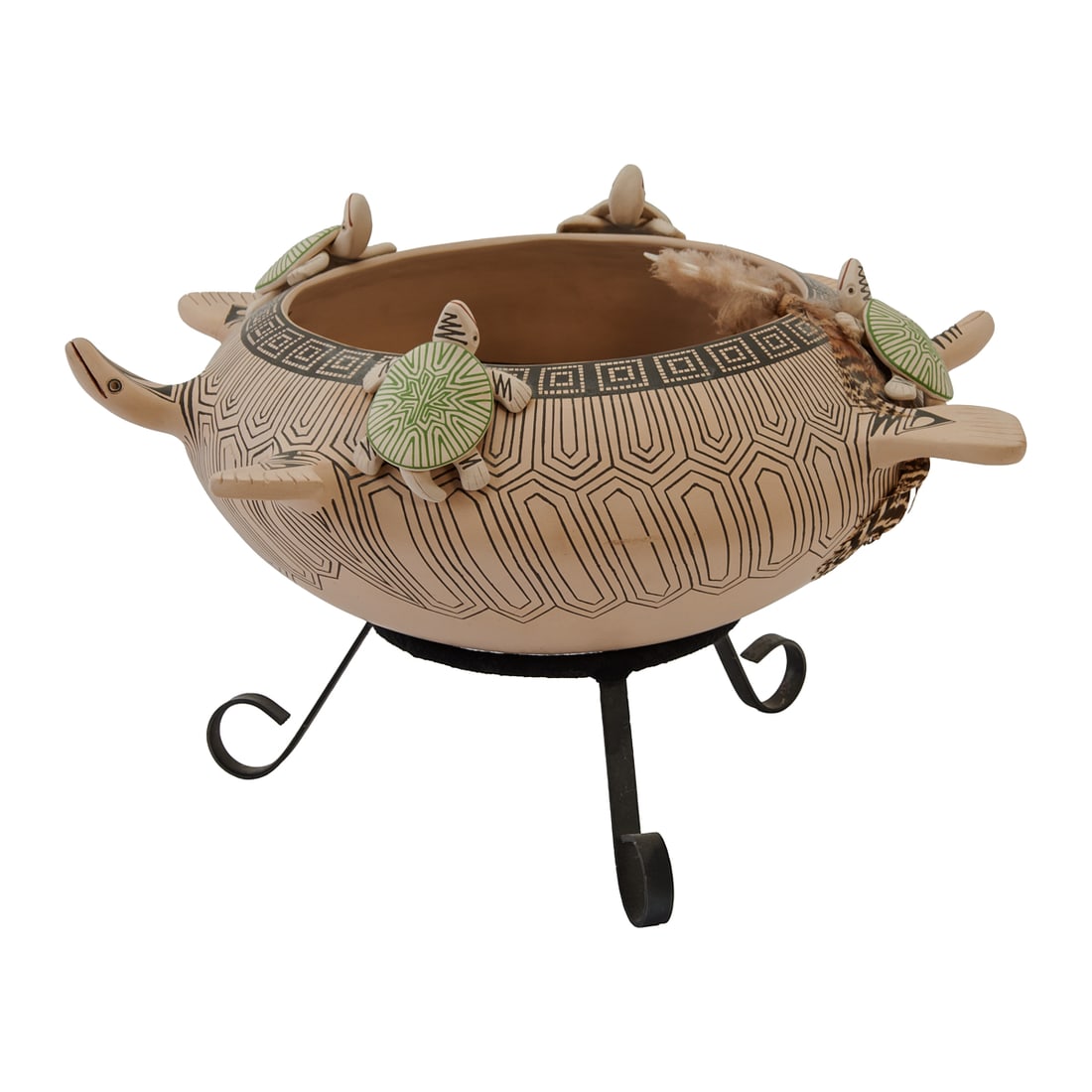 Mata Ortiz Pottery Figural Turtle Bowl: Mata Ortiz Pottery Figural Turtle Bowl, the body of squat form, molded with the head, legs and tail of a turtle, with four babies applied to the upper riim, their heads aloft, and with applied