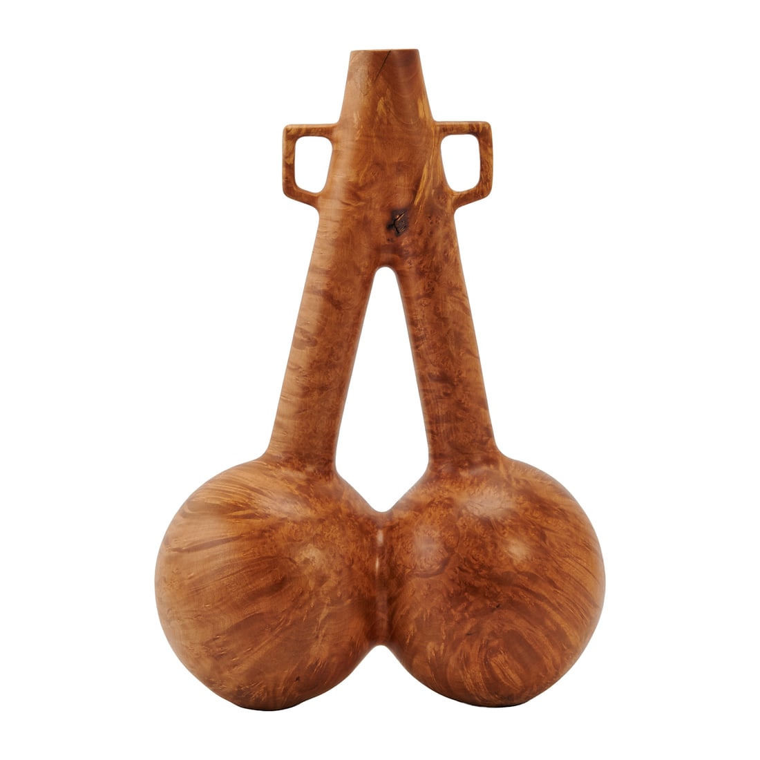 Hugh McKay Binary Burl Bowl Number 5 A Pot: Hugh McKay Binary Burl Bowl Number 5 A Pot, the two globular bodies under elongated, straight-cylindrical necks, each issuing a single handle to side, and one of the bodies with pewter butterflies