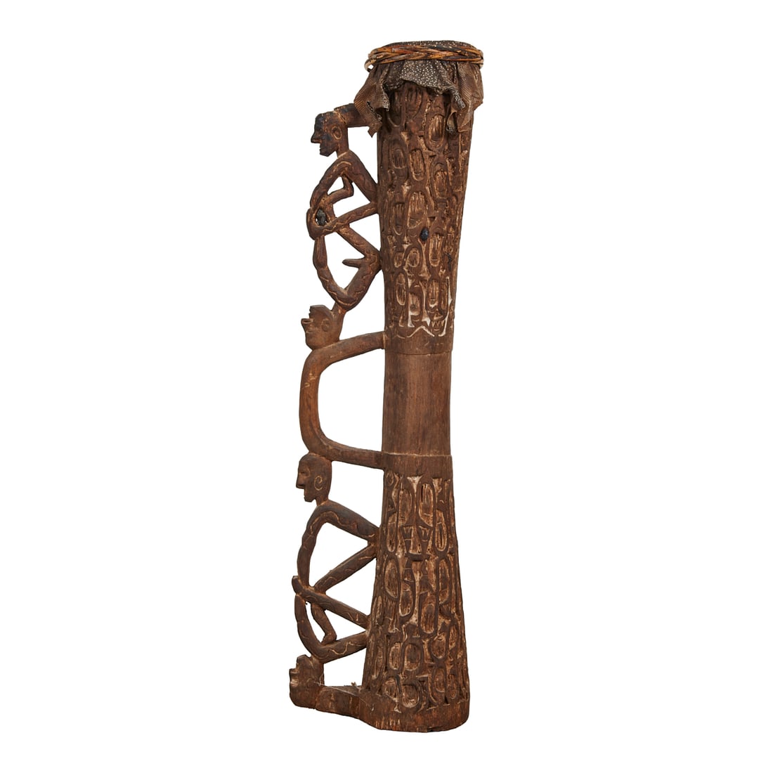 Indonesian Asmat Carved Figural Drum: Asmat Carved Figural Drum, the lizard skin top over the base, carved in low relief with two broad bands of geometric, figural and foliate designs, and with two sets of pairedfigures bracketting a hand