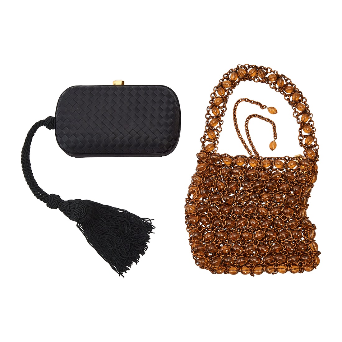 Two Vintage Bottega Veneta Attributed Evening Bags: Two Vintage Bottega Veneta Attributed Evening Bags, comprising a black silk satin woven exterior hard case clutch with faux diamond clasp and fringed tassel with Chinese knot, and a copper colored, fa