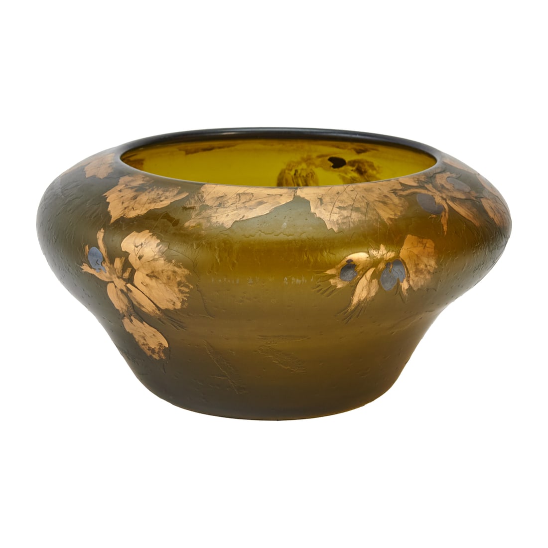 Legras Attributed Cameo Glass Bowl: Legras Attributed Cameo Glass Bowl, the squat green glass body with high shoulder tapering toward foot, and wide mouth. To the rim and below,carved with shallow grape leaves brushed with gold enamel,