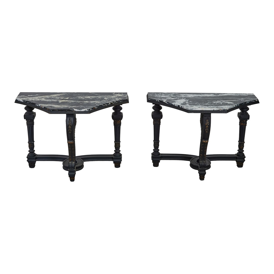 Pair of Moderne Ebonized Marble Top Console Tables: Pair of Moderne Ebonized Marble Top Console Tables, trapezoidal from black frames, with Nero Marquina black and white marble tops. Circa 1950. {Approximate dimensions: 26 1/8" high x 36 1/4" wide x 19