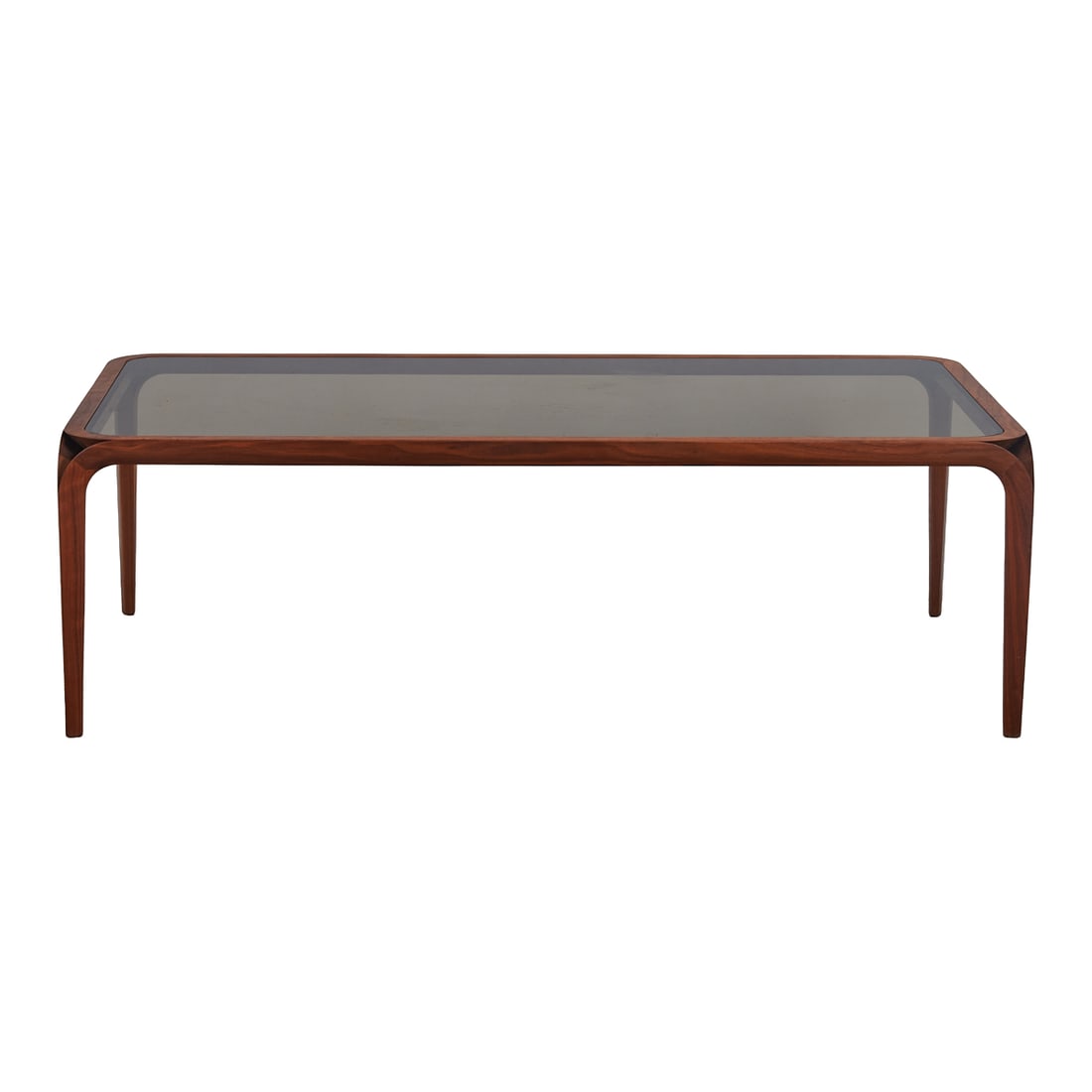 Mid Century Modern Carved Walnut Frame Glass Top Coffee Table: Mid Century Modern Carved Walnut Frame Glass Top Coffee Table, each corner of the frame with triangular void formed by bentwood design to edges, inset with smoky glass top. Unmarked. Circa 1975. {Appr