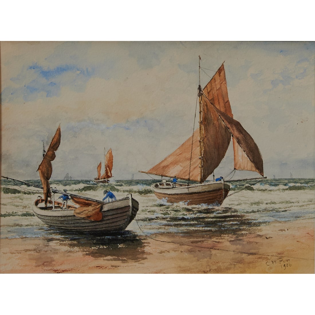 Continental School, Sailboats on Beach, Watercolor, 1906 (1 of 4)