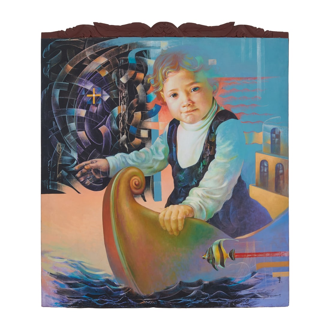 Israel Zzepda, Surreal Landscape with Child, Acrylic: Israel Zzepda (Mexican, 20th Century), Child on Boat in a Dream Landscape, 1999,acrylic on canvas,[approximate dimensions - canvas: 56" H x 51 1/2" W], signed and dated Jun 99 lower right. Note:This l