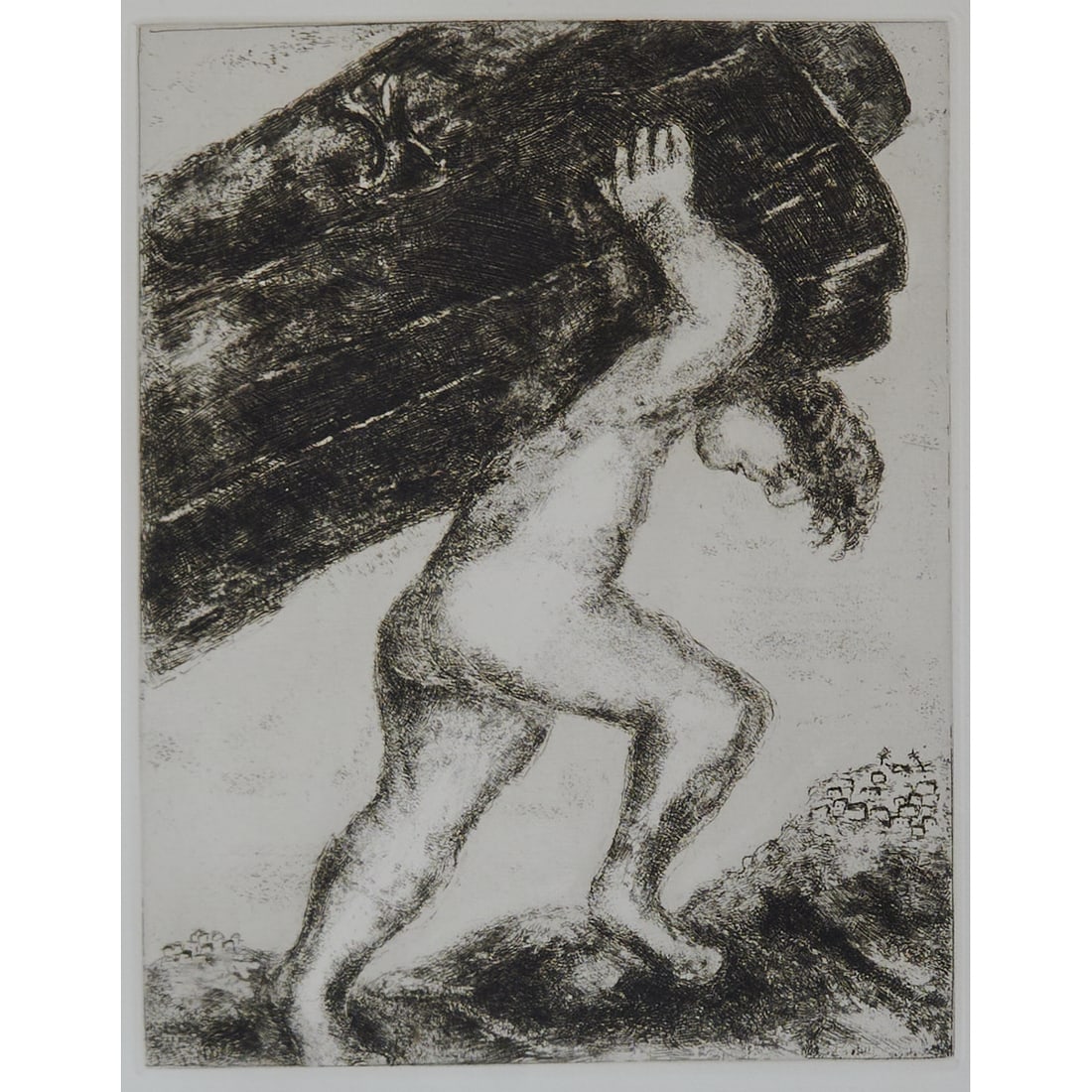 Marc Chagall Etching "Samson Carries the Gates of Gaza": Marc Chagall (Russian, 1887-1985), "Samson Carries Off the Gates of Gaza", etching; [approximate dimensions - plate: 11 1/4" H x 8 7/8" W]; unsigned; #55 in the Bible suite from 1956; gallery label