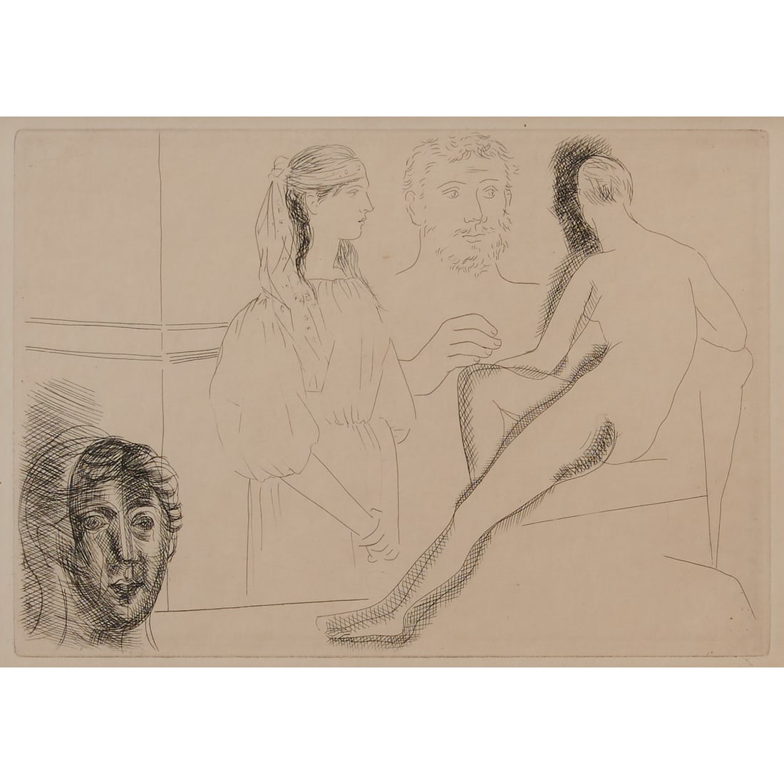 After Picasso, "Sculpteur Devant sa Sculpture", Etching: After Pablo Picasso (Spanish, 1881-1973), Sculpteur Devant sa Sculptor, from 1927Le Chef-d'Oeuvre Inconnu,etching; [approximate dimensions - plate: 7 5/8" H x 10 7/8" W]10 5/8"]; Bloch, 82, unsigned,