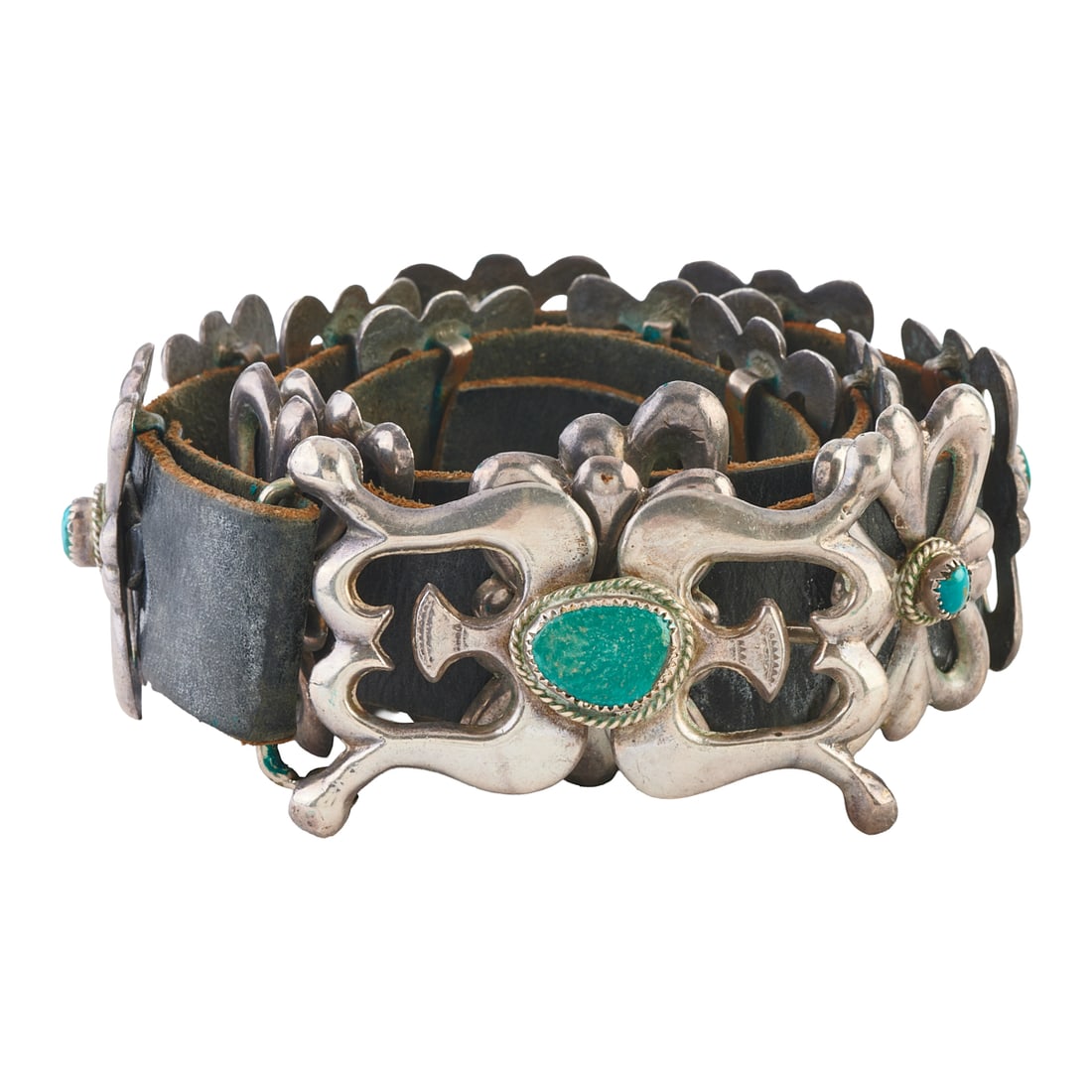 Native American Turquoise, Silver, Leather Belt (1 of 4)