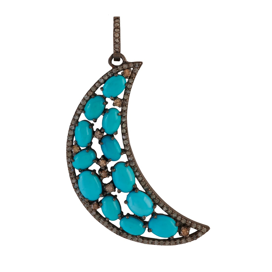 Turquoise, Diamond, Oxidized Silver Crescent Moon Pendant (1 of 2)