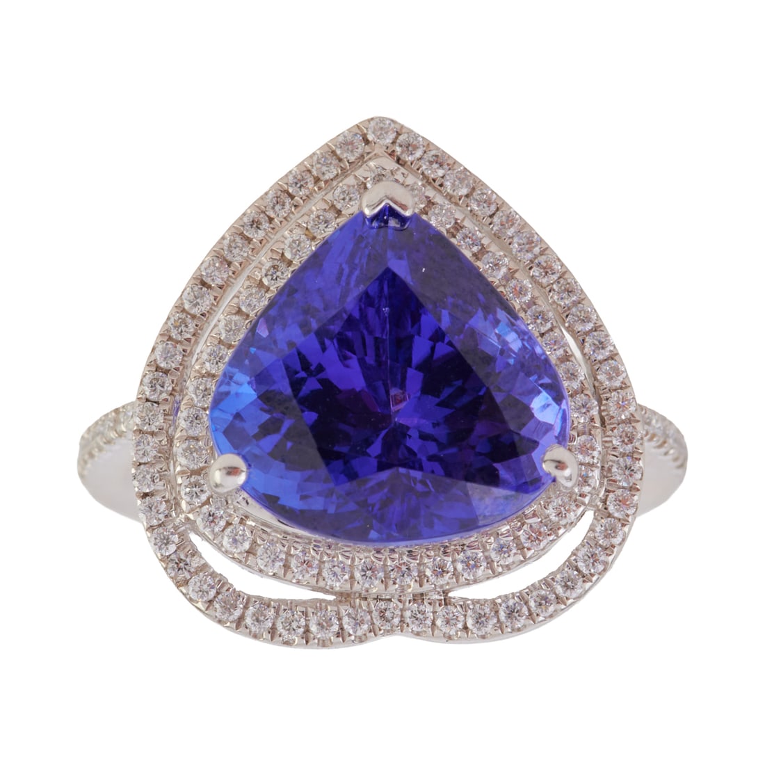 Rhapsody Tanzanite, Diamond, Platinum Ring: Rhapsody Tanzanite, Diamond, Platinum Ring. Featuring one pear-cut tanzanite weighing approximately 9.30 cts., accented by full-cut diamonds weighing a total of approximately 0.50 cttw., set in a plat