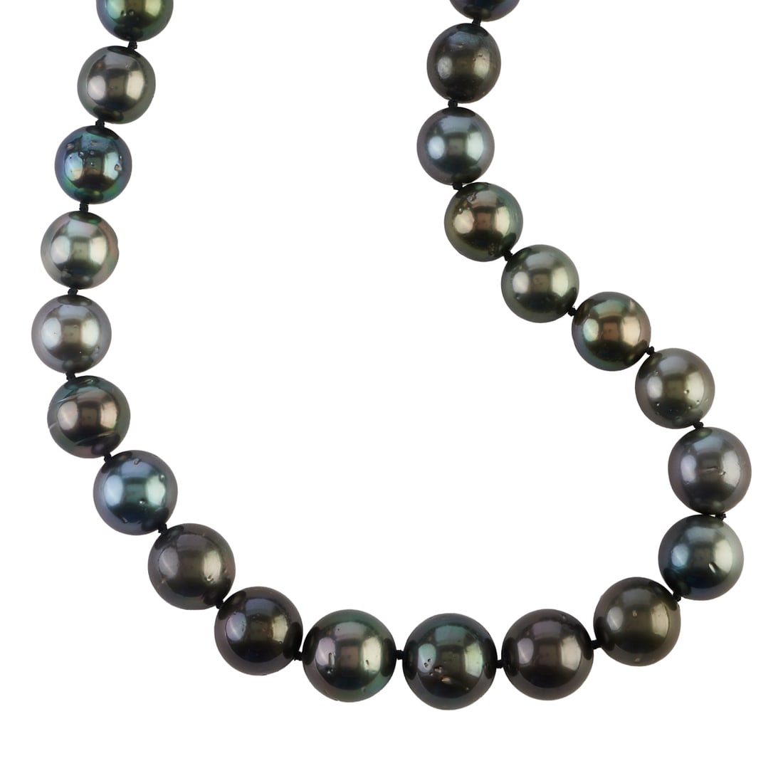 Tahitian Cultured Pearl, Diamond, 14k White Gold Necklace: Tahitian Cultured Pearl, Diamond, 14k White Gold Necklace. Comprised of twenty-nine black Tahitian cultured pearls ranging in size from approximately 15.2 mm to 11.9 mm, completed by a diamond, 14k wh