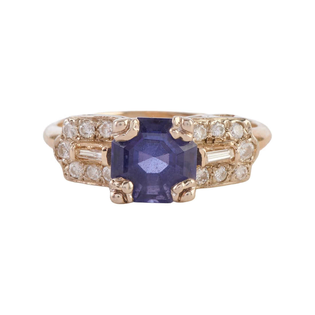 Scapolite, Diamond, 14k White Gold Ring: Scapolite, Diamond, 14k White Gold Ring. Featuring one asscher-cut scapolite measuring approximately 7.3 x 7.4 mm, accented by two tapered baguette-cut and fourteen full-cut diamonds weighing a total