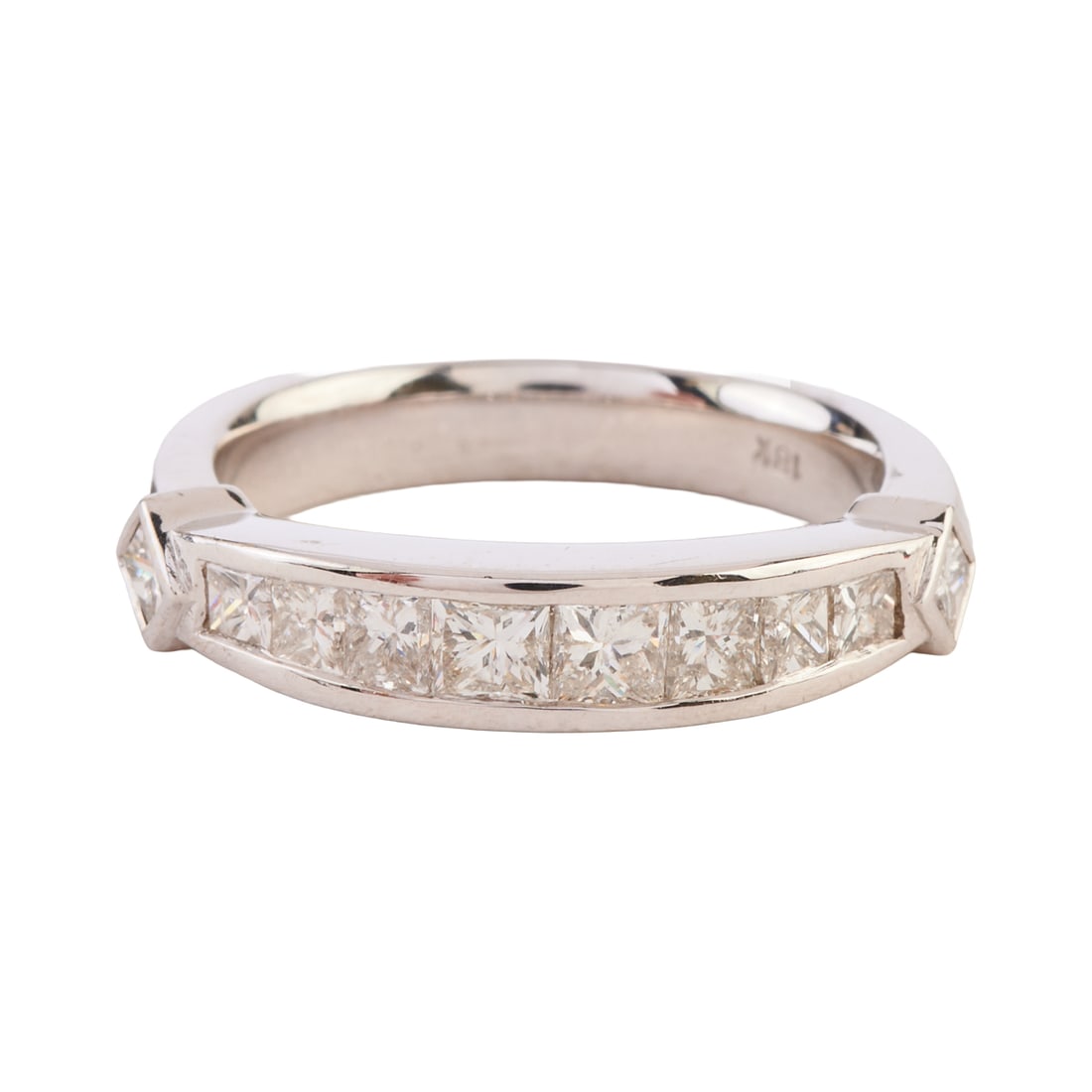 Diamond, 18k White Gold Ring: Diamond, 18k White Gold Ring. Featuring ten princess-cut diamonds weighing a total of approximately 0.90 cttw., set in an 18k white gold mounting. {Size: 6 1/4, Gross Weight: 3.6 dwts}