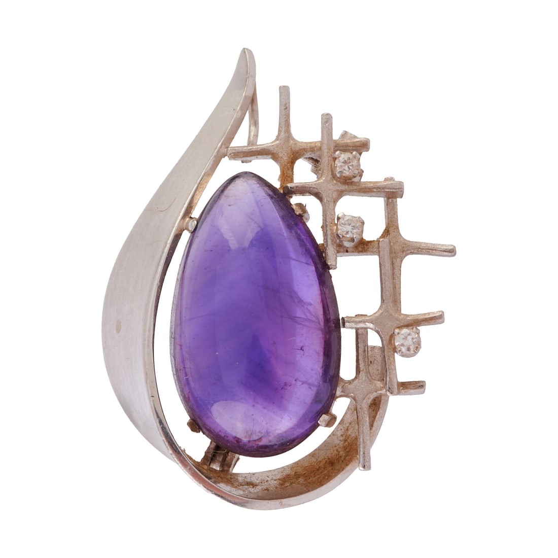 Amethyst, Diamond, 14k White Gold Pendant Brooch: Amethyst, Diamond, 14k White Gold Pendant Brooch. Featuring one pear shaped amethyst cabochon measuring approximately 18.6 x 10.7 mm, accented by three full-cut diamonds weighing a total of