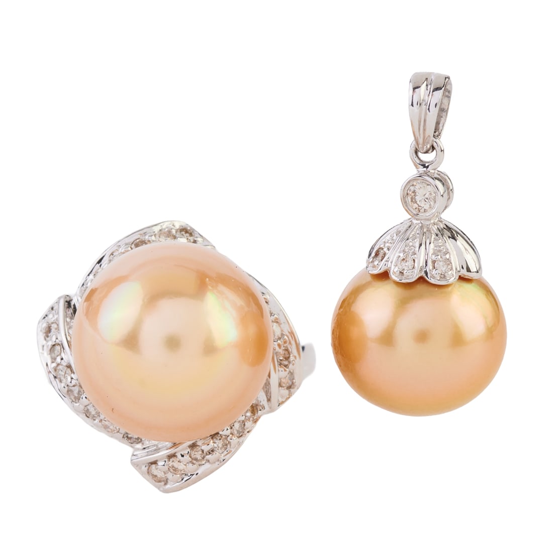 South Sea Cultured Pearl, Diamond, 14k White Gold Jewelry Suite: South Sea Cultured Pearl, Diamond, 14k White Gold Jewelry Suite. Including one gold south sea cultured pearl measuring approximately 12 mm, diamond, 14k white gold pendant together with a gold south