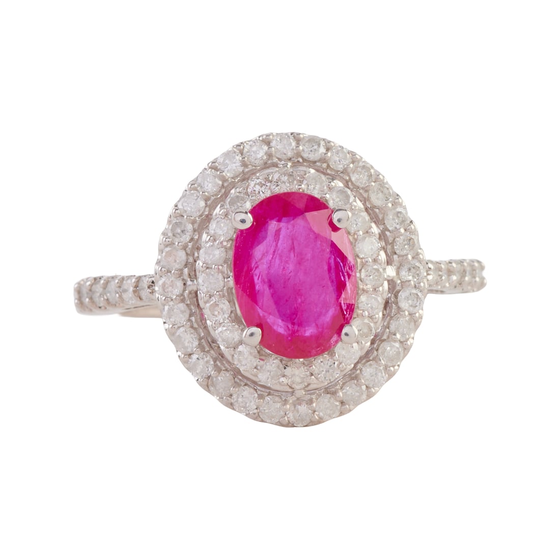 Ruby, Diamond, 14k White Gold Ring: Ruby, Diamond, 14k White Gold Ring. Featuring one oval-cut ruby weighing approximately 0.80 ct., accented by fifty-eight full-cut diamonds weighing a total of approximately 0.35 cttw., set in a 14k wh