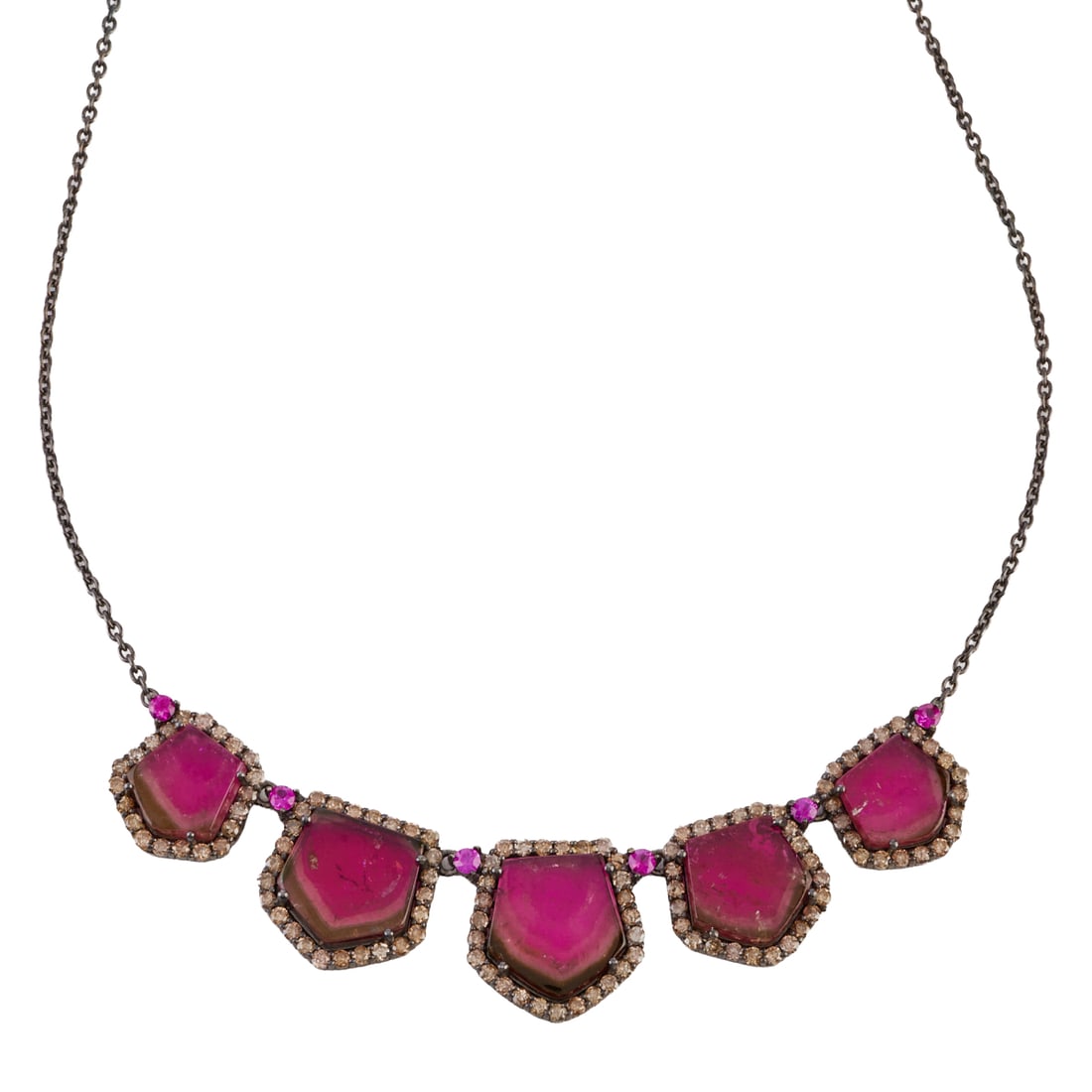 Watermelon Tourmaline, Diamond, Oxidized Silver Necklace: Watermelon Tourmaline, Diamond, Oxidized Silver Necklace. Featuring five slightly graduated watermelon tourmaline tablets, accented by six round-cut pink tourmalines, further enhanced by full-cut