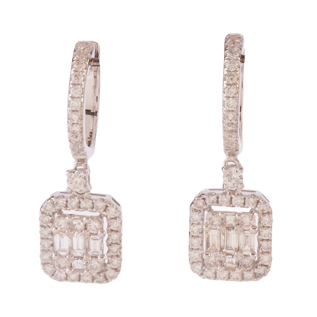 Pair of Diamond, 18k White Gold Drop Earrings: Pair of Diamond, 18k White Gold Drop Earrings. Featuring tapered baguette-cut and full-cut diamonds, set in an 18k white gold mounting measuring approximately 27 mm in length. Total diamond weight is