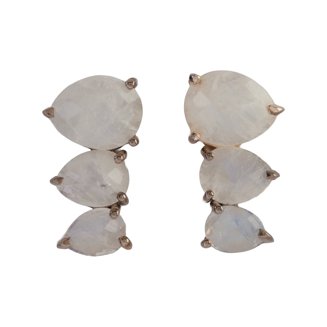 Pair of Moonstone, Oxidized Silver Earrings: Pair of Moonstone, Oxidized Silver Earrings. Each featuring three slightly graduated, pear shaped, faceted-top moonstone cabochons, set in an oxidized silver mounting measuring approximately 19 x 11 m