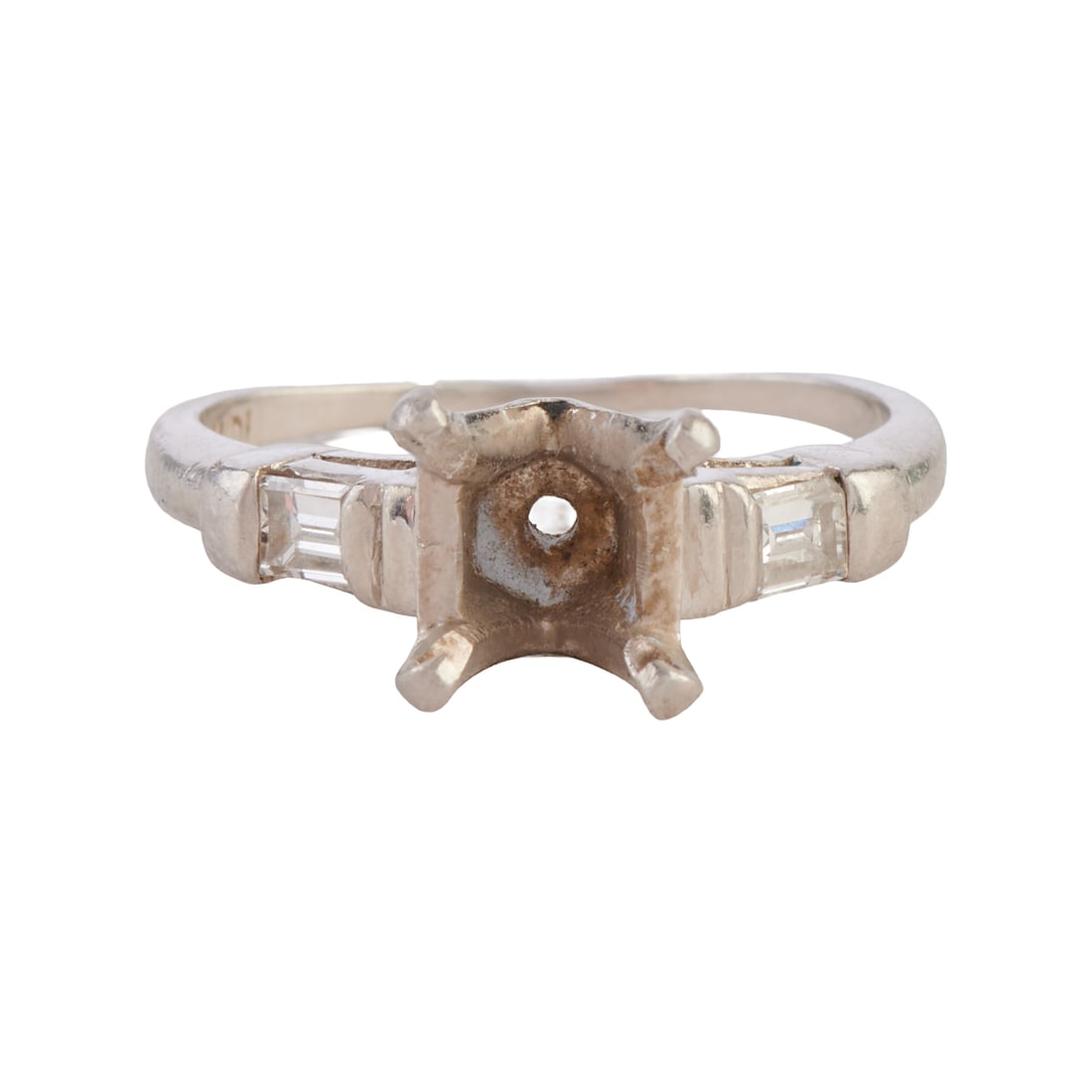 Diamond, Platinum Ring Semi-Mounting: Diamond, Platinum Ring Semi-Mounting. Centering one four prong platinum head measuring approximately 7.8 mm, flanked by two tapered baguette-cut diamonds weighing a total of approximately 0.15 cttw.,