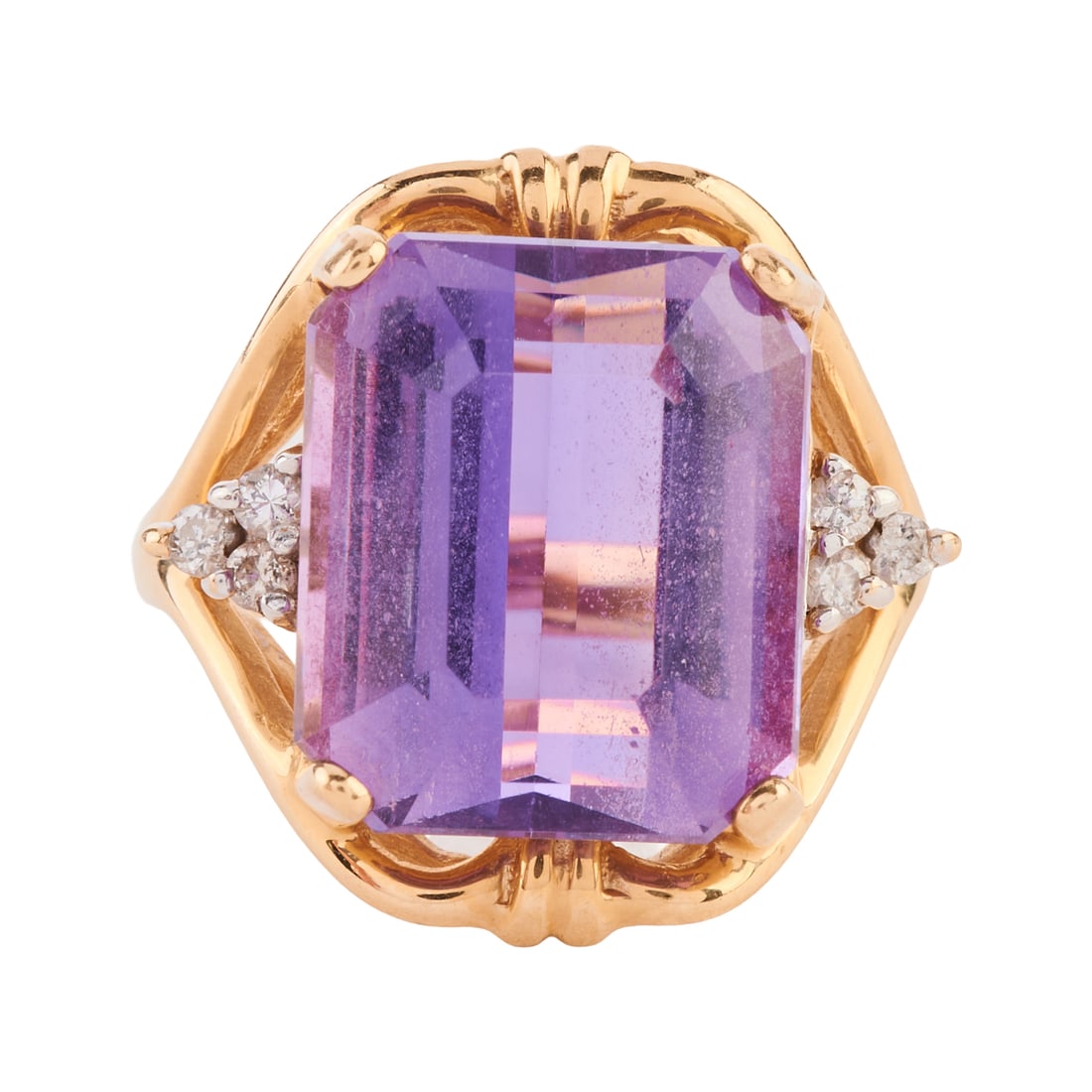 Amethyst, Diamond, 14k Yellow Gold Ring: Amethyst, Diamond, 14k Yellow Gold Ring. Featuring one emerald-cut amethyst weighing approximately 9.03 cts., accented by six full-cut diamonds weighing a total of approximately 0.10 cttw., set in a 1
