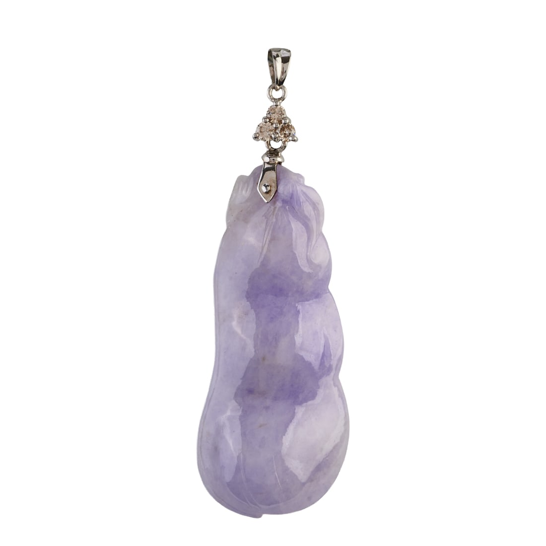 Lavender Jade, Diamond, 14k White Gold Pendant: Lavender Jade, Diamond, 14k White Gold Pendant. Featuring one carved lavender jade pendant depicting a pea pod measuring approximately 46 x 20 mm, accented by three full-cut diamonds weighing a total