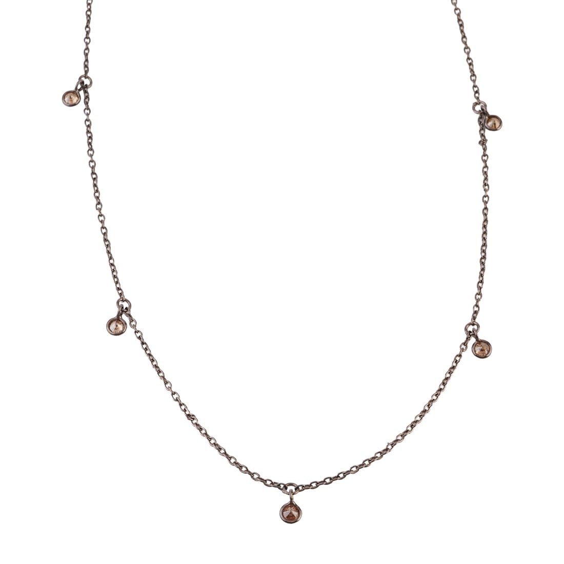 Diamond, Oxidized Silver Necklace: Diamond, Oxidized Silver Necklace. Featuring six full-cut diamonds weighing a total of approximately 0.60 cttw., bezel set and suspended from an oxidized silver chain, completed by a lobster claw clas