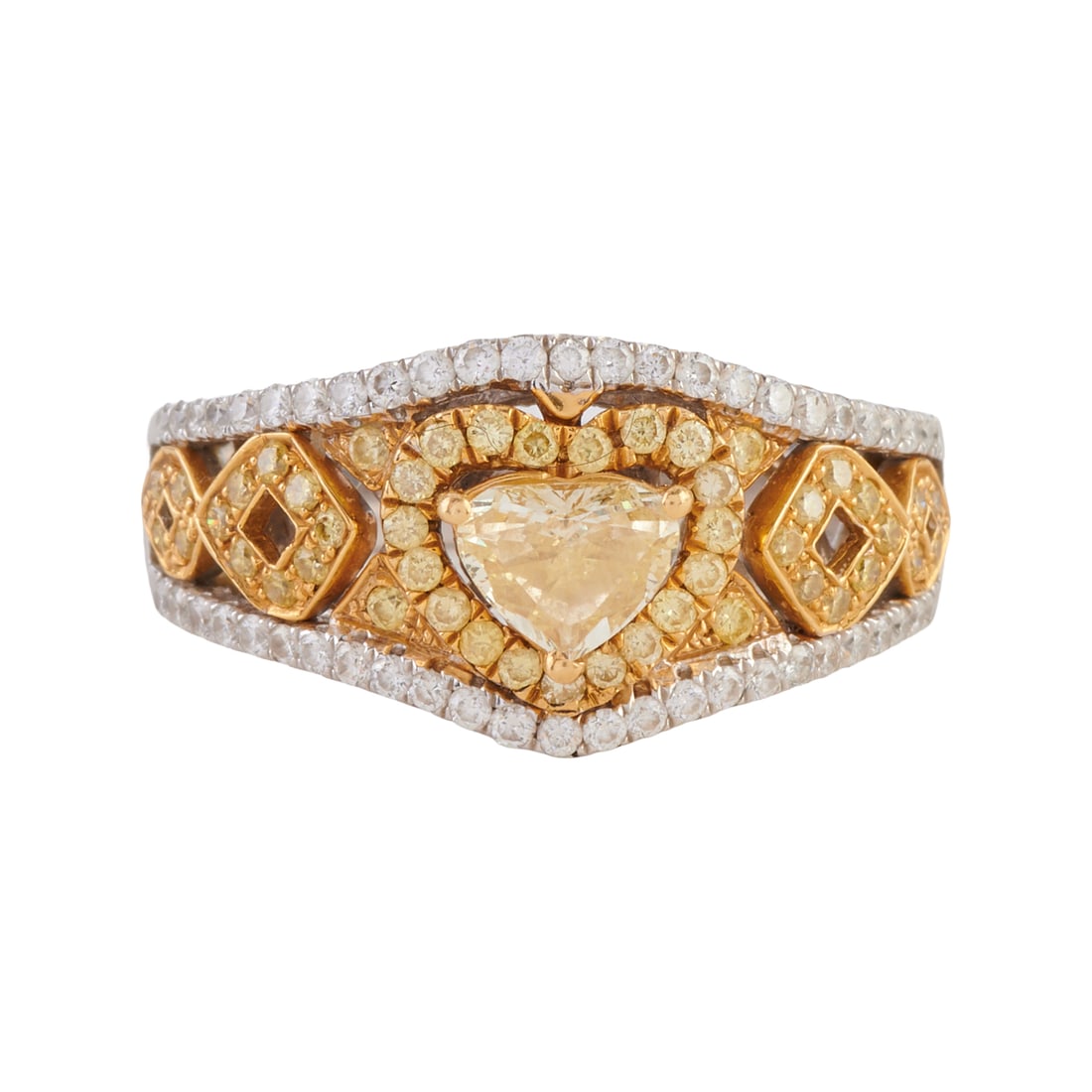 Yellow Diamond, Diamond, 18k Yellow and White Gold Heart Ring: Yellow Diamond, Diamond, 18k Yellow and White Gold Heart Ring. Featuring one heart-cut yellow diamond weighing approximately 0.55 ct., accented by forty-seven yellow and fifty near colorless full-cut