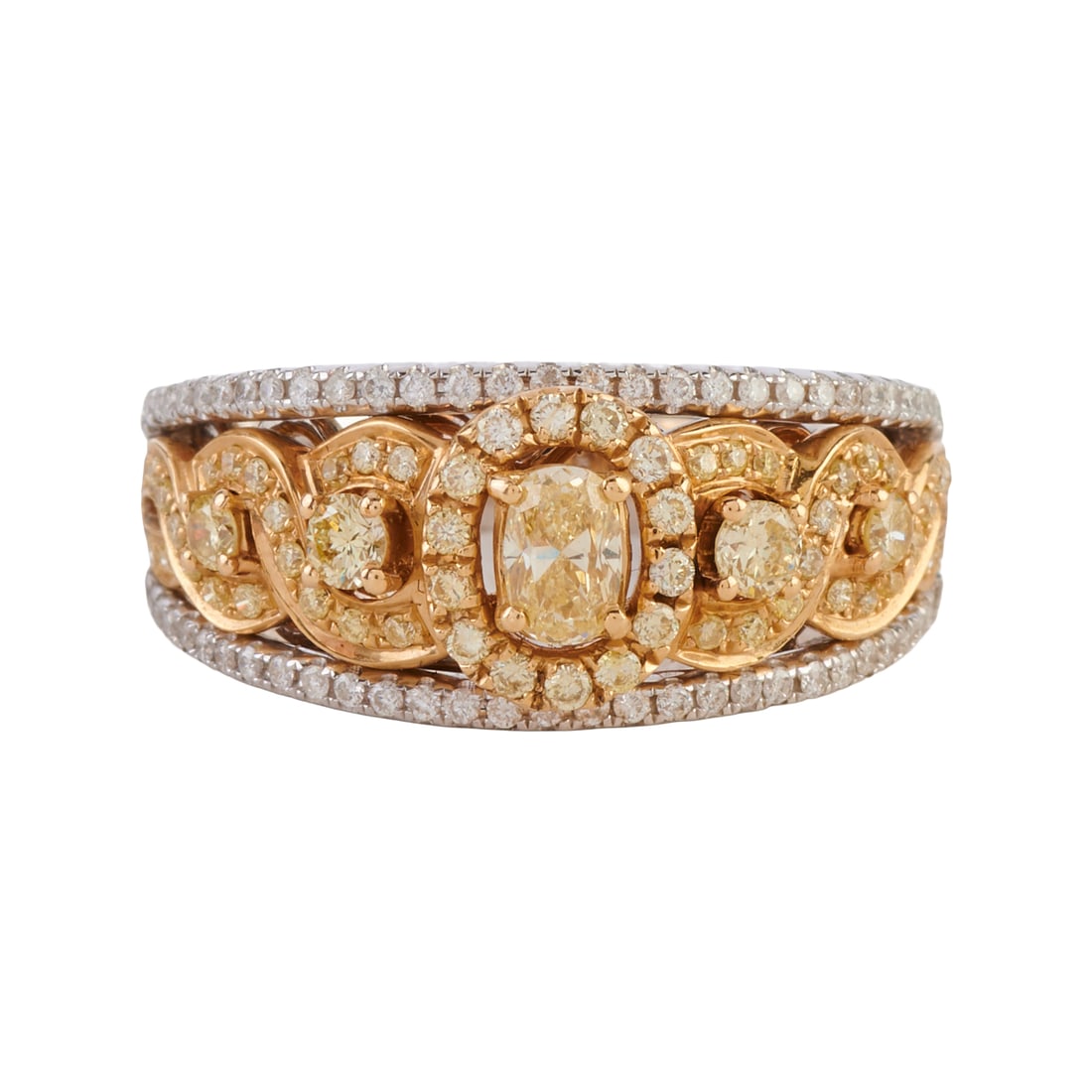 Yellow Diamond, Diamond, 14k Yellow and White Gold Ring: Yellow Diamond, Diamond, 14k Yellow and White Gold Ring. Featuring one oval-cut yellow diamond, accented by full-cut yellow diamonds and full-cut near colorless diamonds, set in a 14k yellow and white