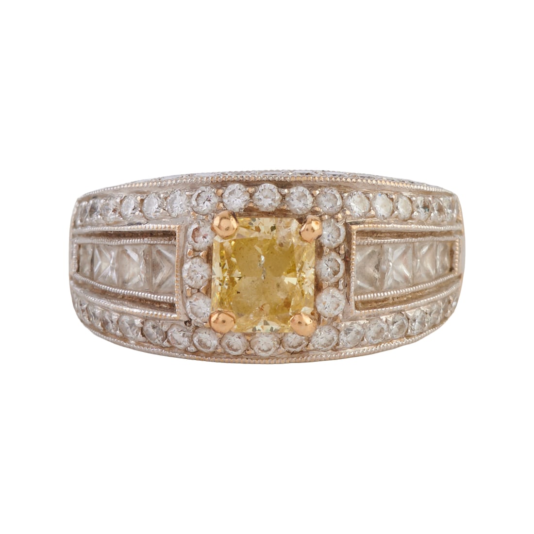 Yellow Diamond, Diamond, 18k White Gold Ring: Yellow Diamond, Diamond, 18k White Gold Ring. Featuring one radiant-cut yellow diamond weighing approximately 0.80 ct., accented by eight princess-cut and seventy-four full-cut diamonds weighing a tot