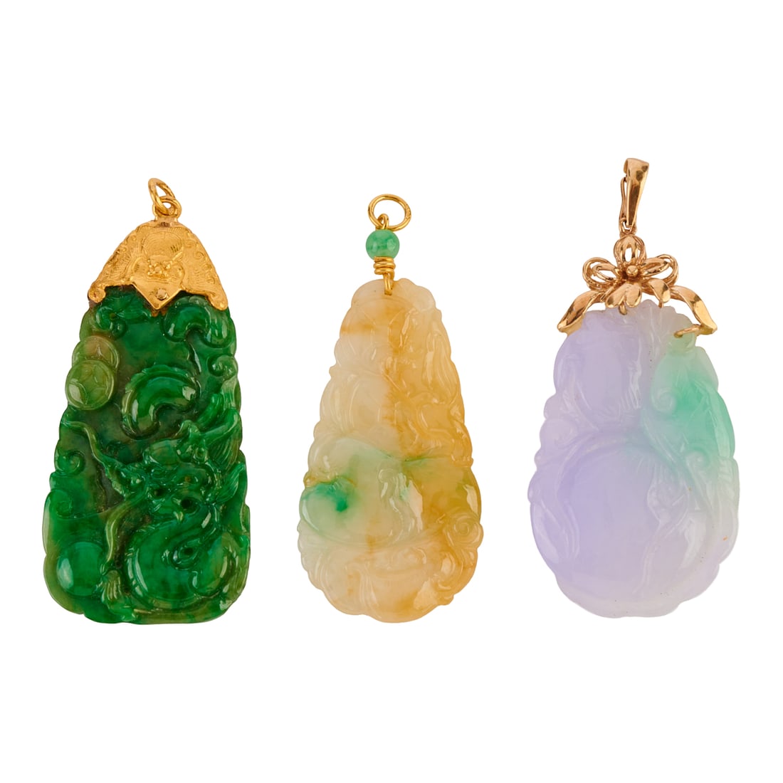 Collection of Three Carved Jadeite Jade, Yellow Gold Pendants (1 of 2)