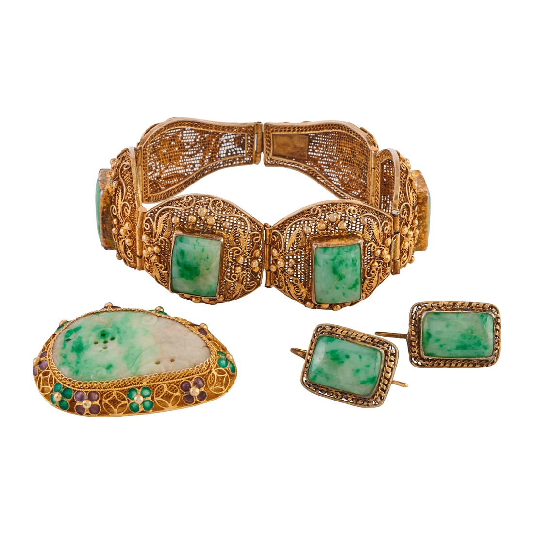 Chinese Jade, Enamel, Silver-Gilt Filigree Jewelry Suite (1 of 8)